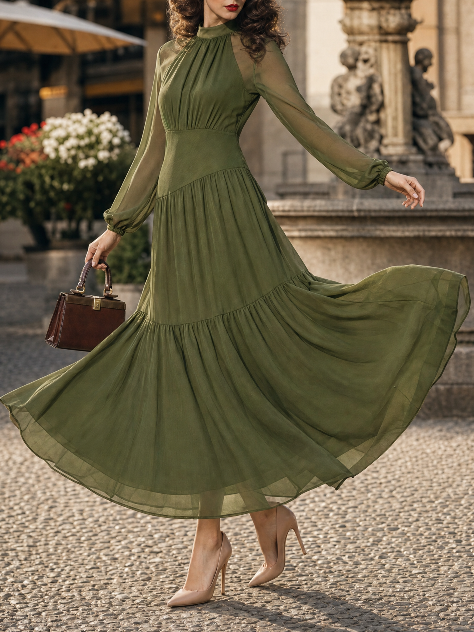 Vintage Slim Chiffon Lantern-Sleeve Tiered Flared Maxi Dress