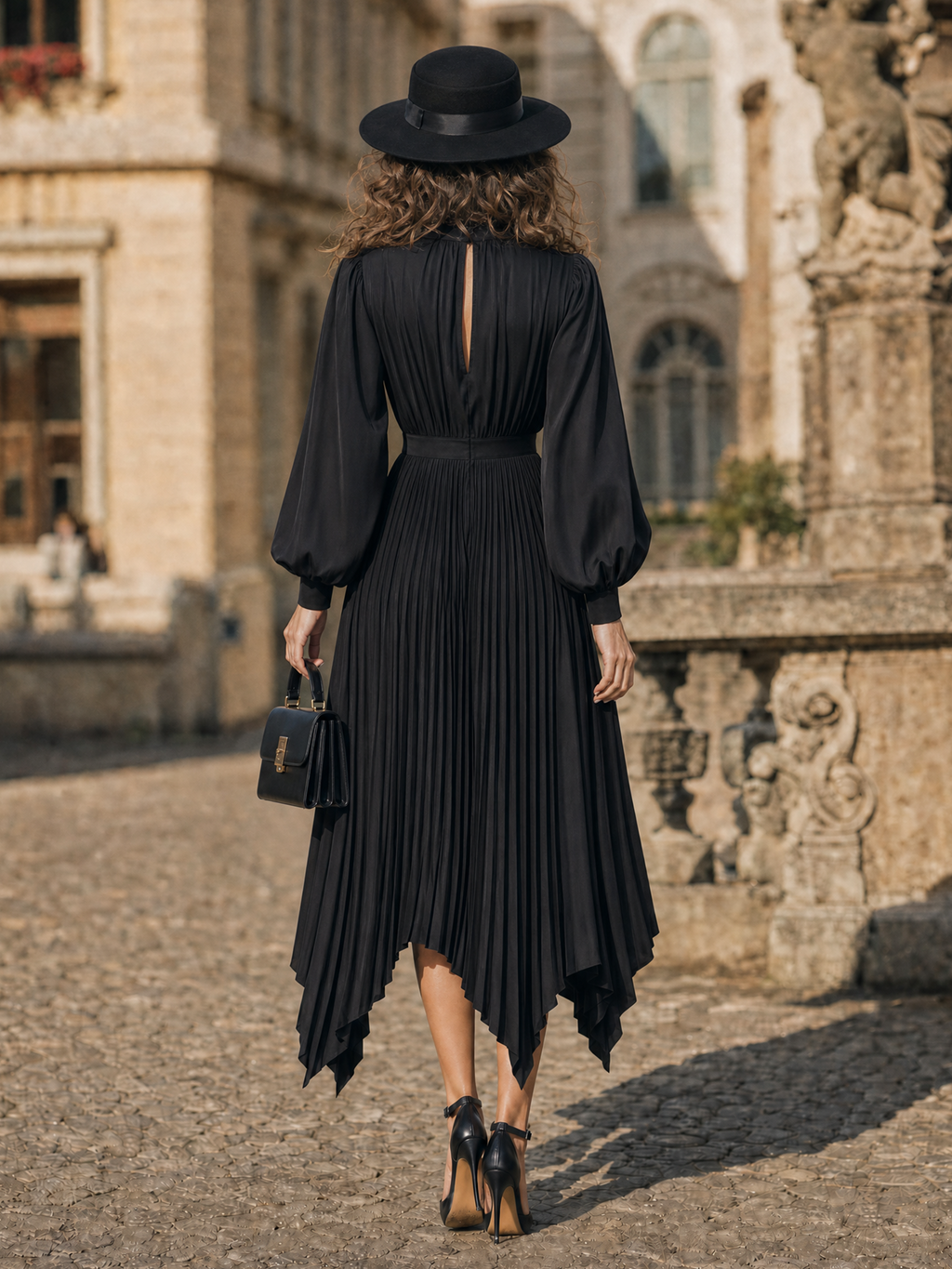 Vintage Hepburn Black Pleated Puff-Sleeve Commuter Slim Midi Dress
