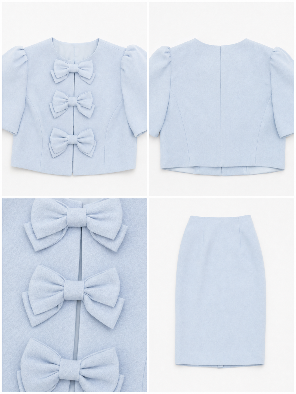 Vintage Puff‑Sleeve Pencil Bow‑Knot Buttons Skirt Set