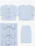 Vintage Puff‑Sleeve Pencil Bow‑Knot Buttons Skirt Set