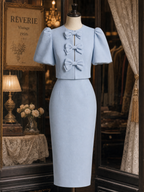 Vintage Puff‑Sleeve Pencil Bow‑Knot Buttons Skirt Set