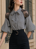 Vintage Plaid Lace Panels Puff Sleeves Blouse