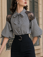 Vintage Plaid Lace Panels Puff Sleeves Blouse