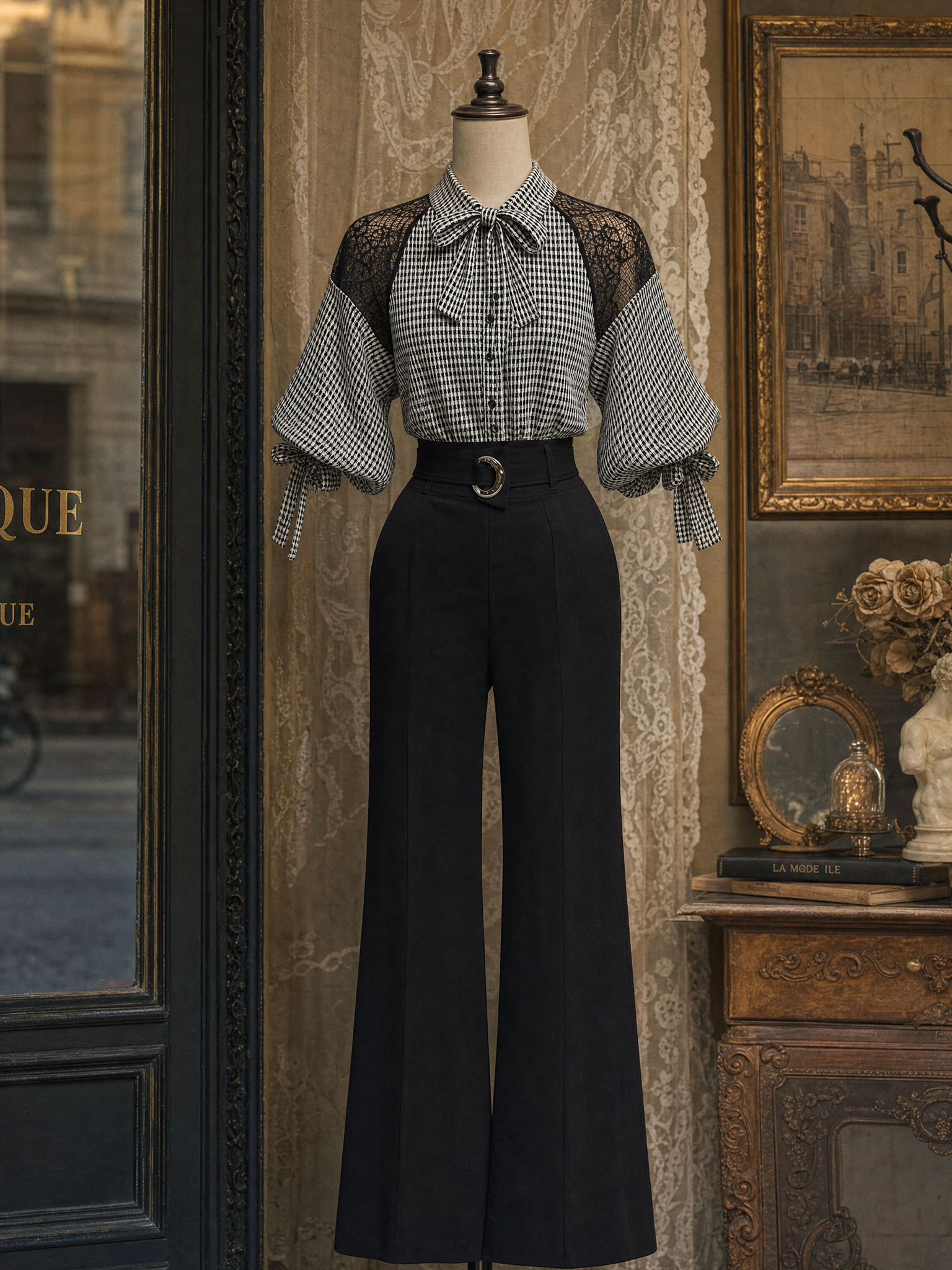 Vintage Plaid Lace Panels Puff Sleeves Blouse
