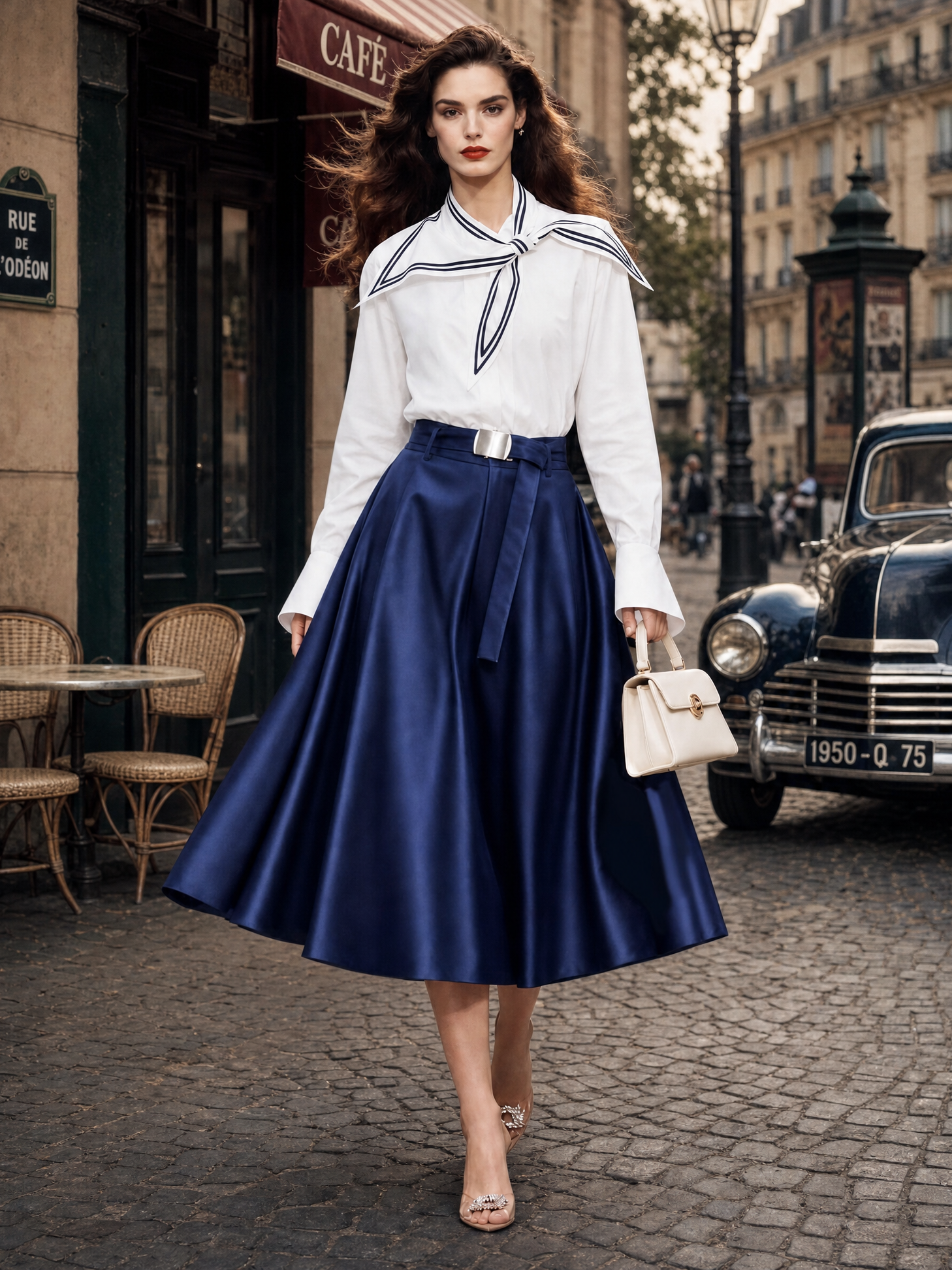 Vintage Navy‑Collar Long‑Sleeve Blouse