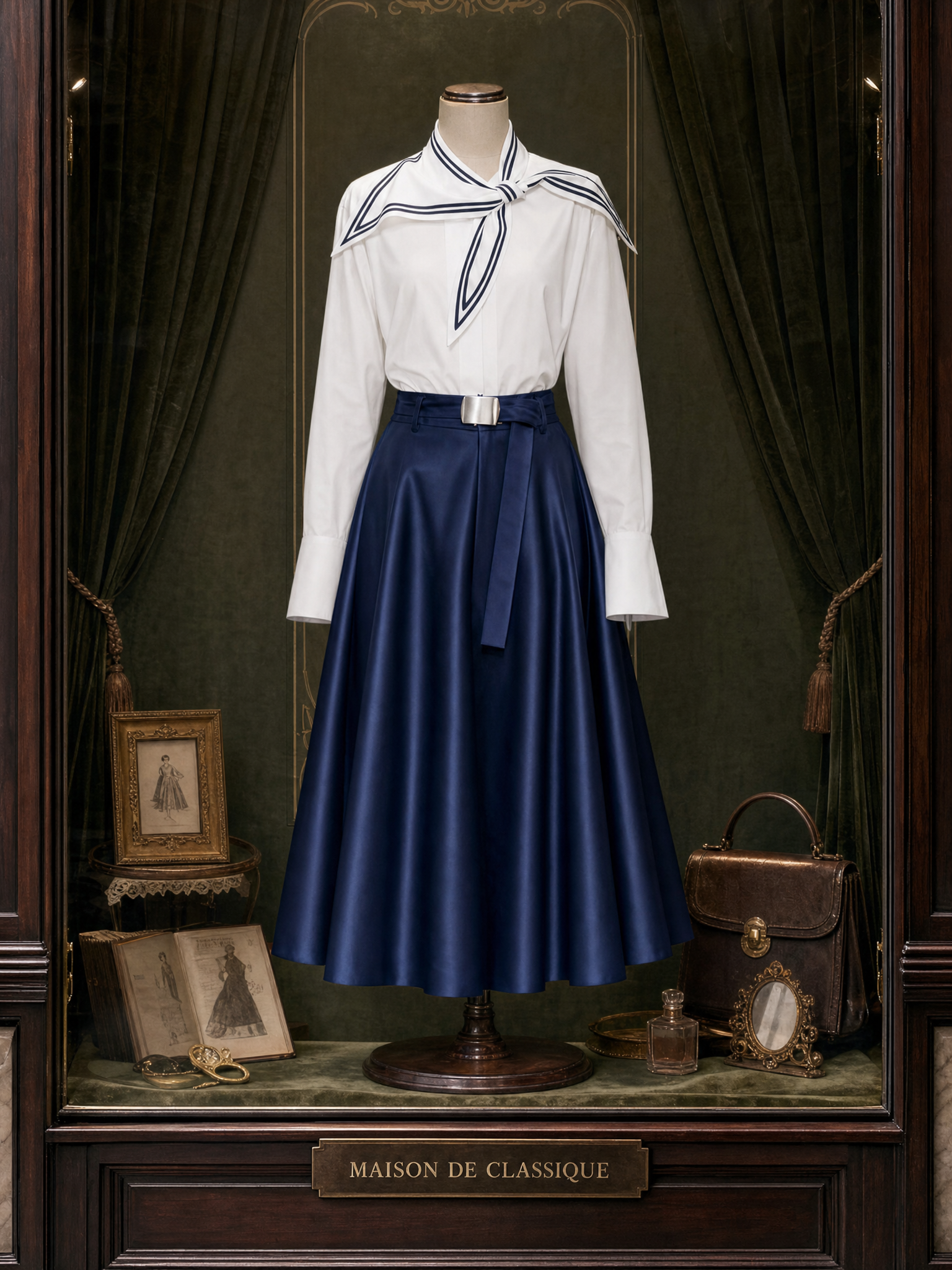 Vintage Navy‑Collar Long‑Sleeve Blouse