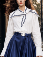 Vintage Navy‑Collar Long‑Sleeve Blouse
