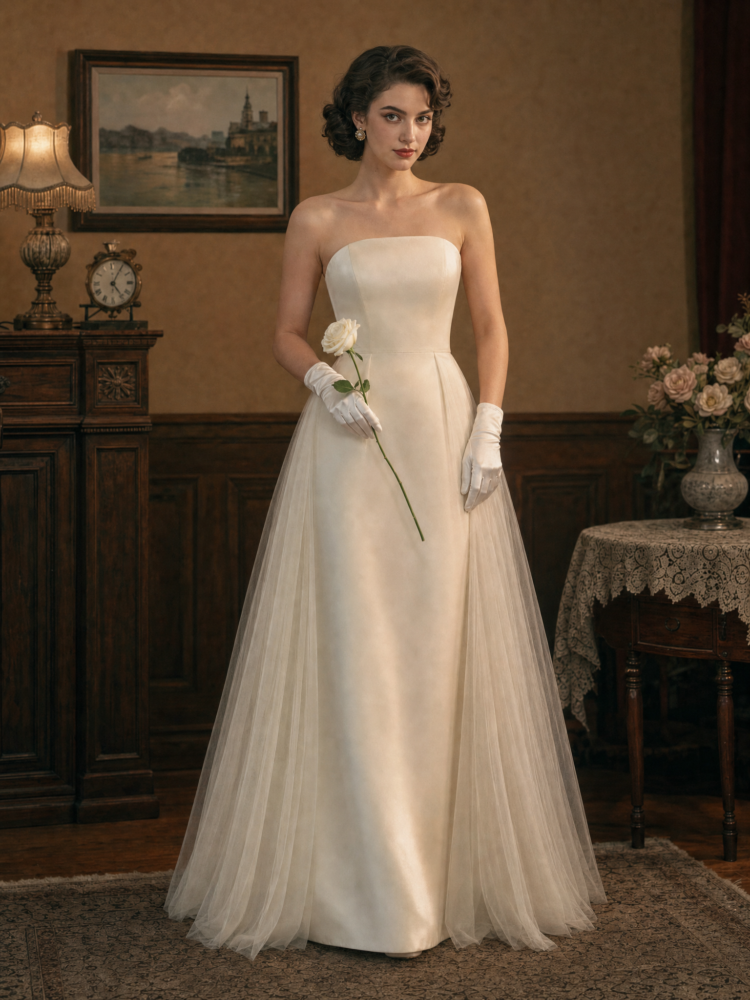 Vintage Two-Piece Set, Cape & Mesh Panel Strapless Dress
