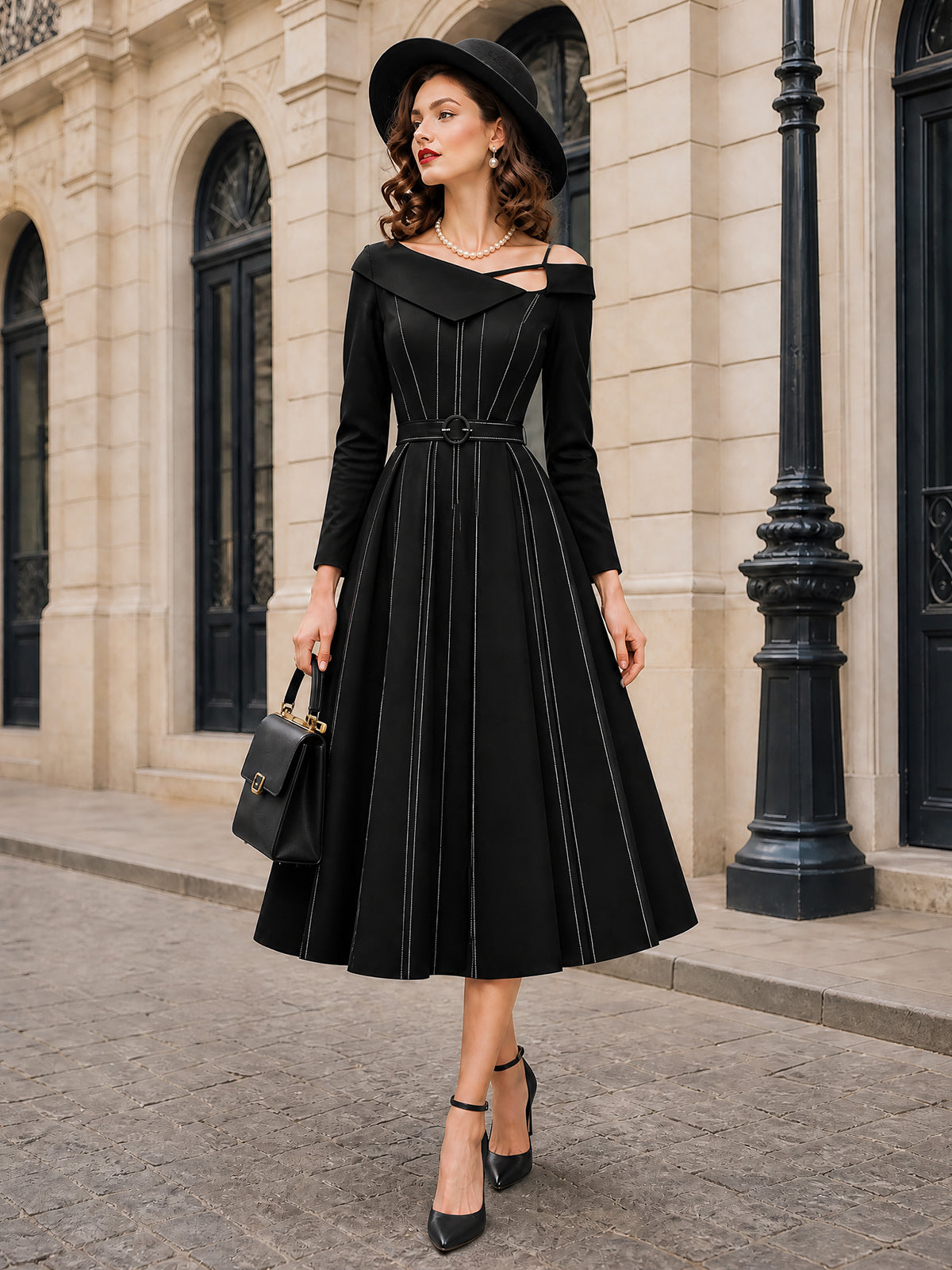 Vintage Pinstripe Cold A-Line Midi Dress
