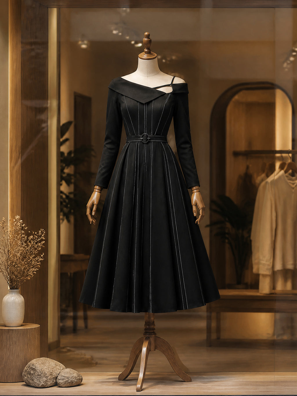 Vintage Pinstripe Cold A-Line Midi Dress