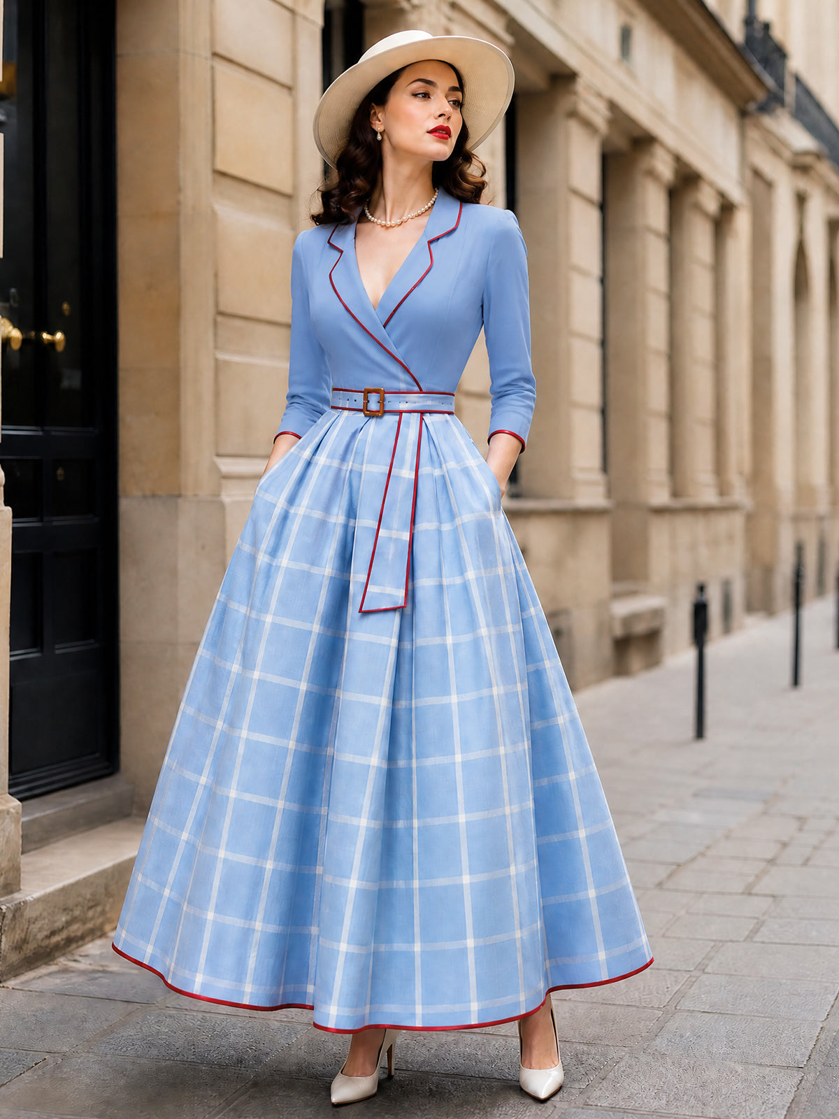 Vintage Plaid Maxi Dress With Red Piping
