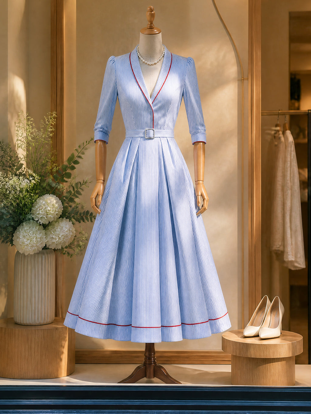 Vintage Blue Pinstripe Belted Maxi Dress