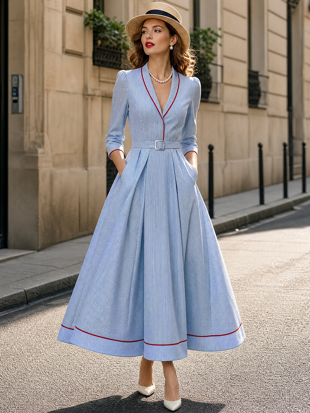 Vintage Blue Pinstripe Belted Maxi Dress