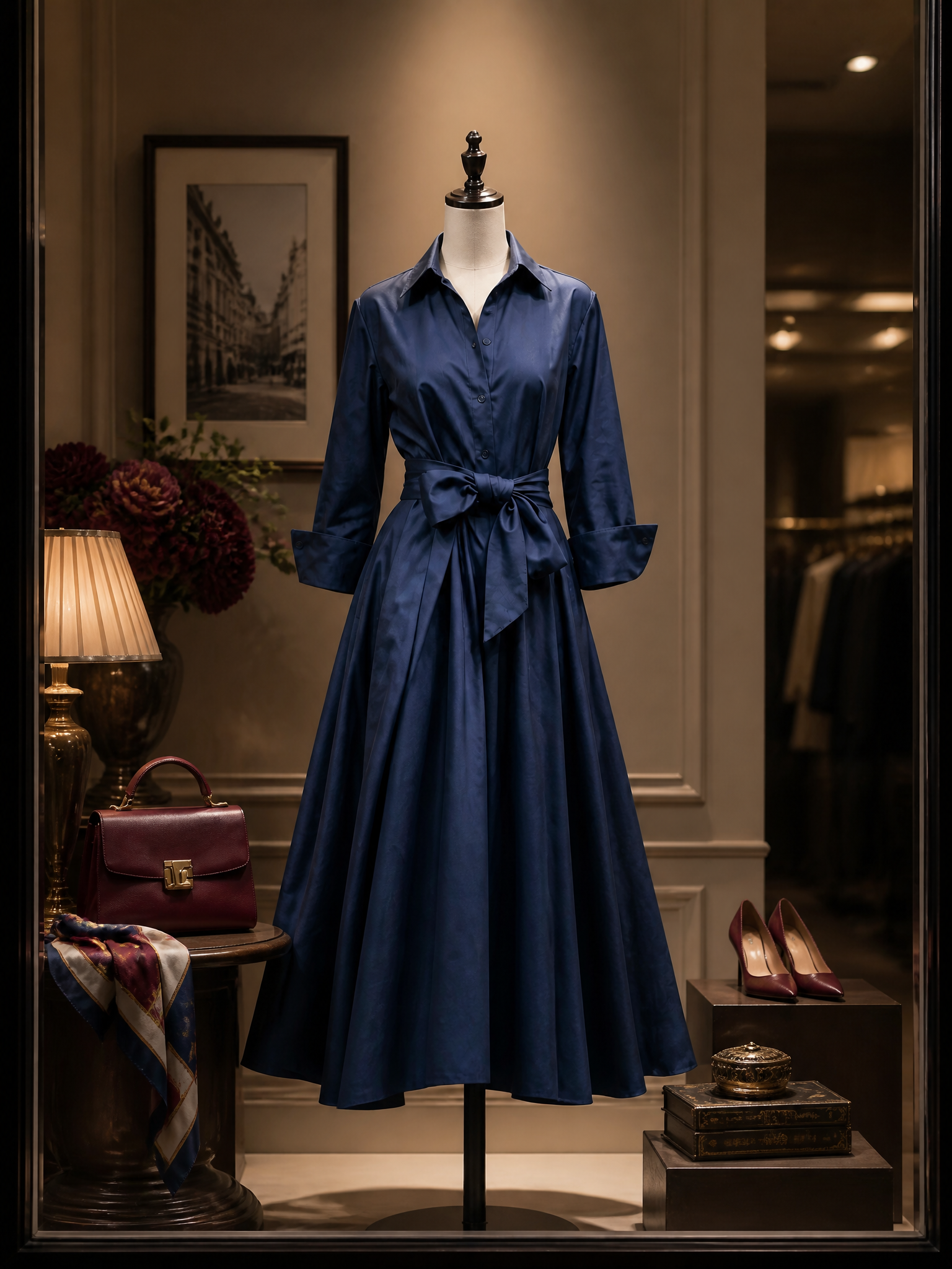 Vintage Tie-Waist Fit-and-Flare Cotton Shirt Maxi Dress