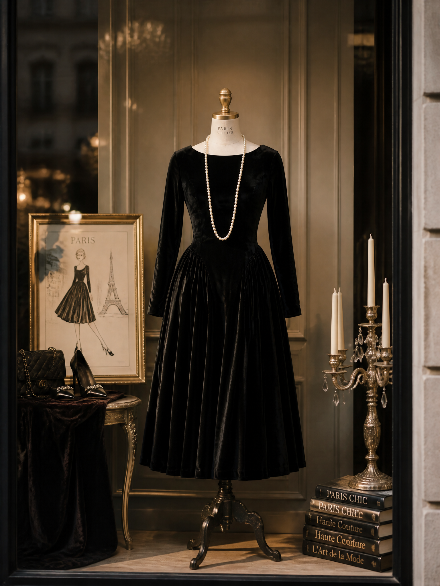 Vintage Black Velvet Fit-and-Flare Tea-Length Midi Dress