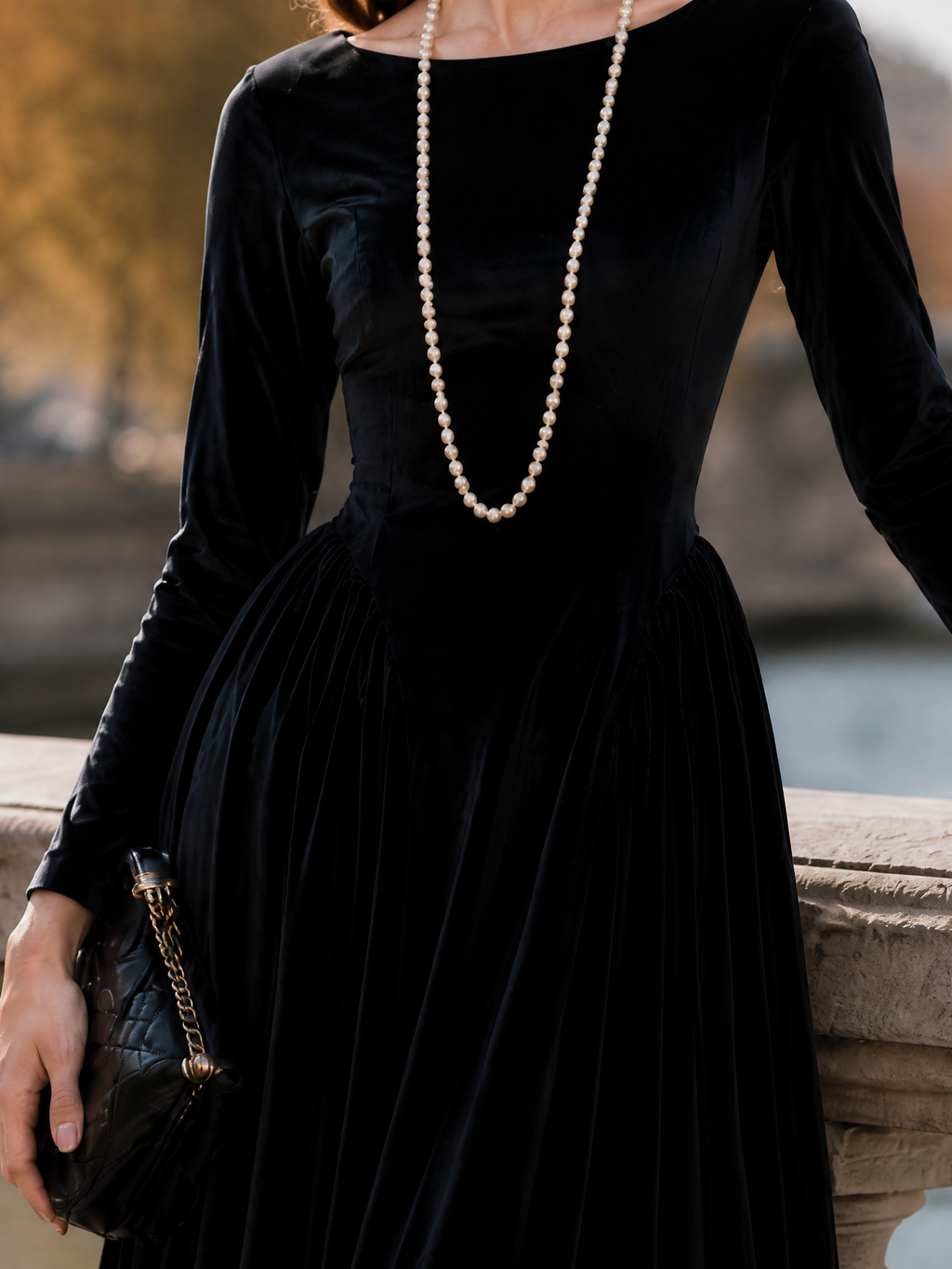 Vintage Black Velvet Fit-and-Flare Tea-Length Midi Dress
