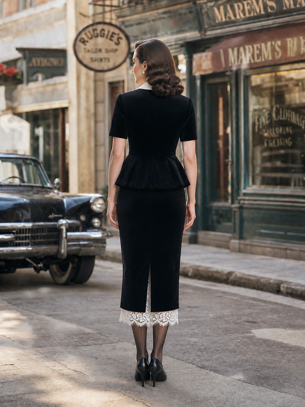 Vintage Black Velvet Peplum Top & Bodycon Pencil Skirt Two-Piece Set
