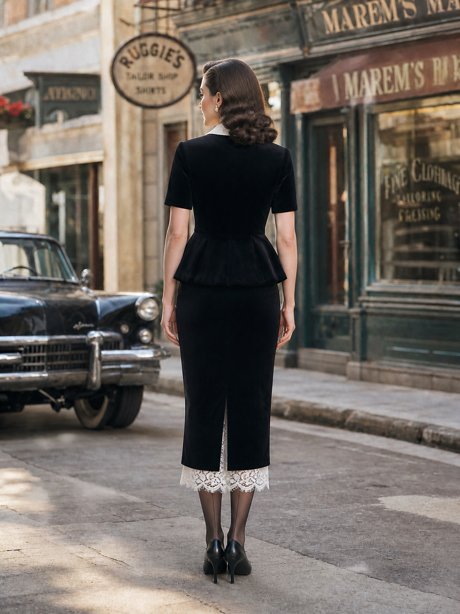 Vintage Black Velvet Peplum Top & Bodycon Pencil Skirt Two-Piece Set