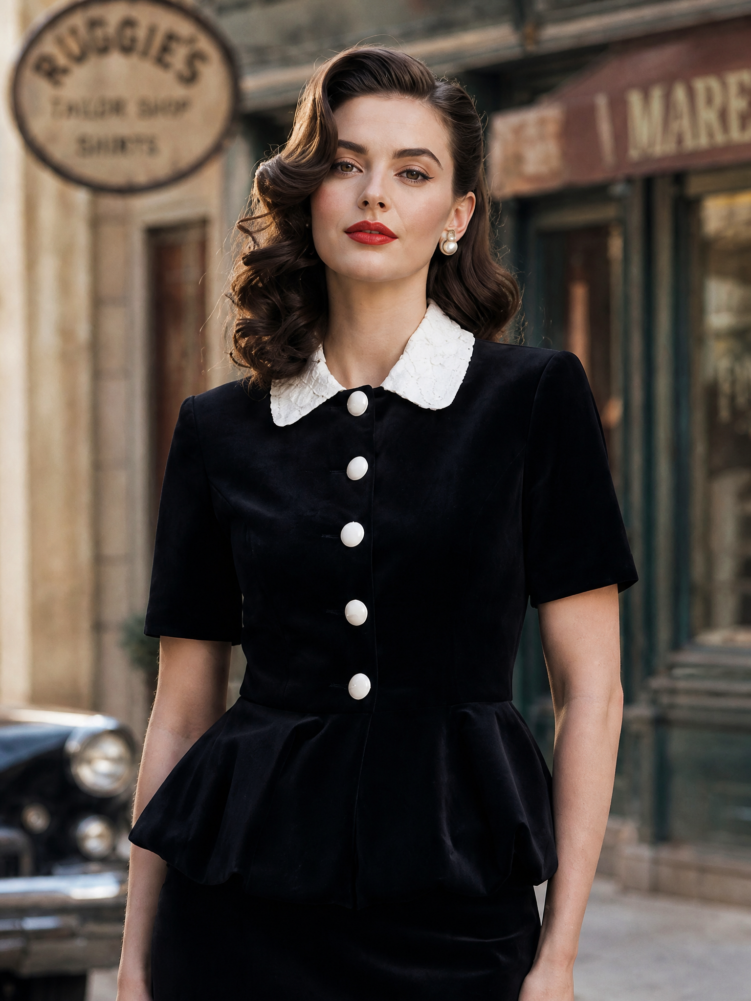 Vintage Black Velvet Peplum Top & Bodycon Pencil Skirt Two-Piece Set