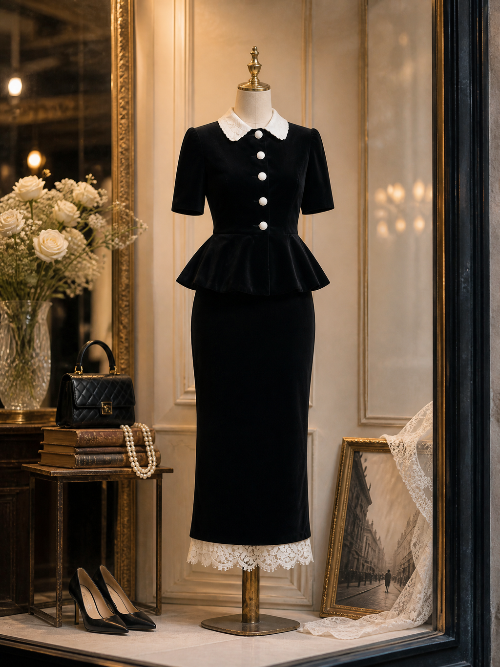 Vintage Black Velvet Peplum Top & Bodycon Pencil Skirt Two-Piece Set