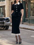 Vintage Black Velvet Peplum Top & Bodycon Pencil Skirt Two-Piece Set