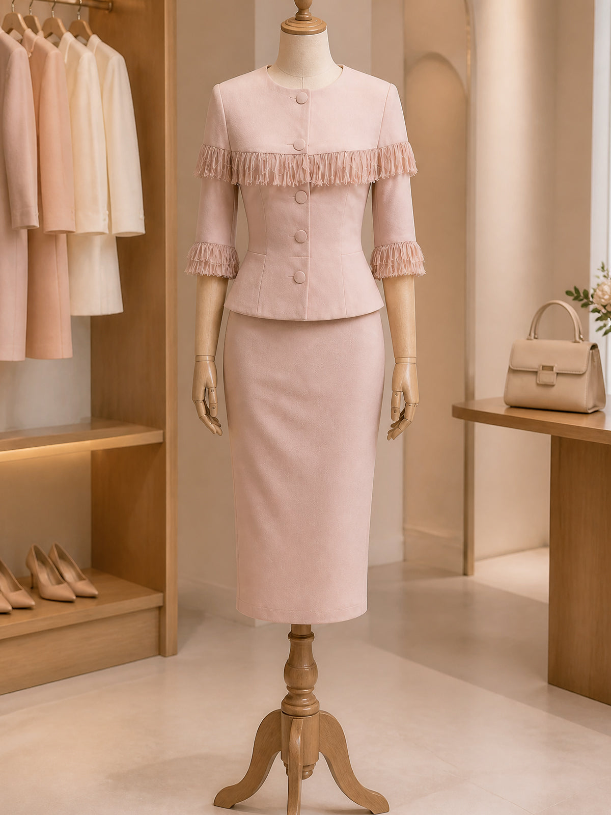 Vintage Pink Fringe Trim Jacket & Skirt Set