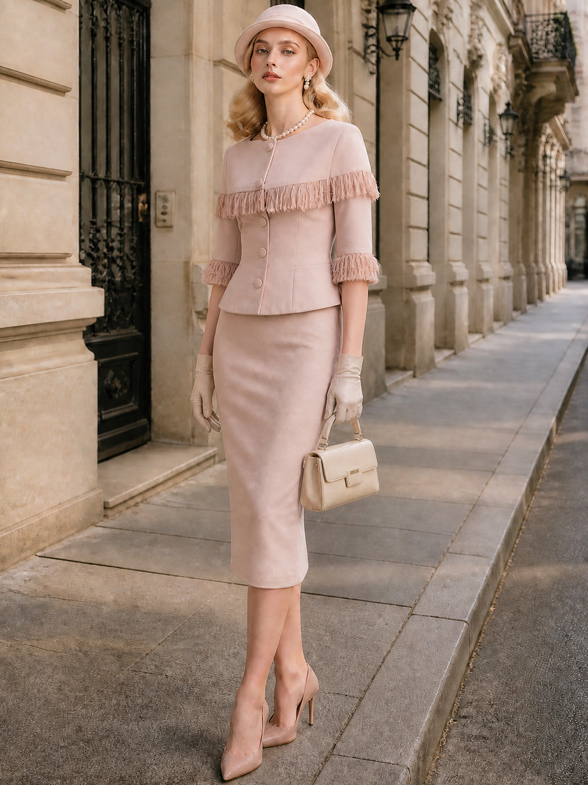 Vintage Pink Fringe Trim Jacket & Skirt Set