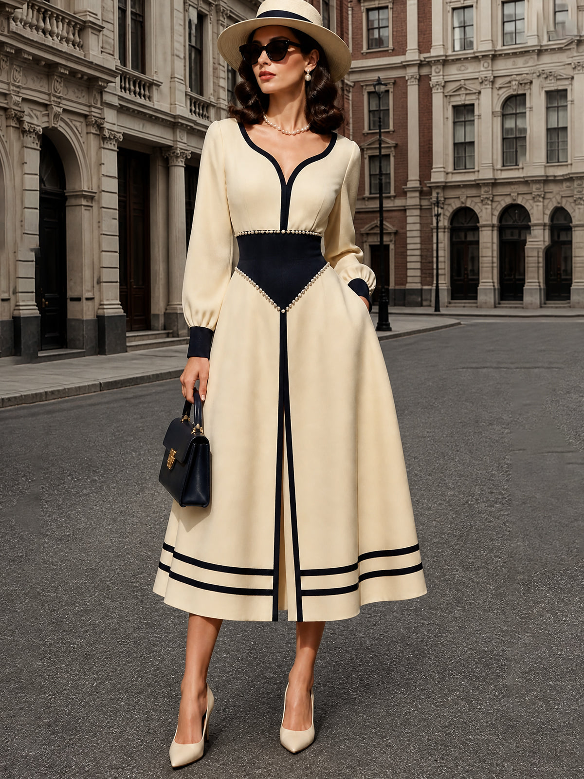 Vintage Cream Contrast Pearl-Trim A-Line Midi Dress