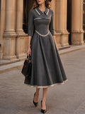 Vintage Grey Contrast-Trim Collared A-Line Midi Dress