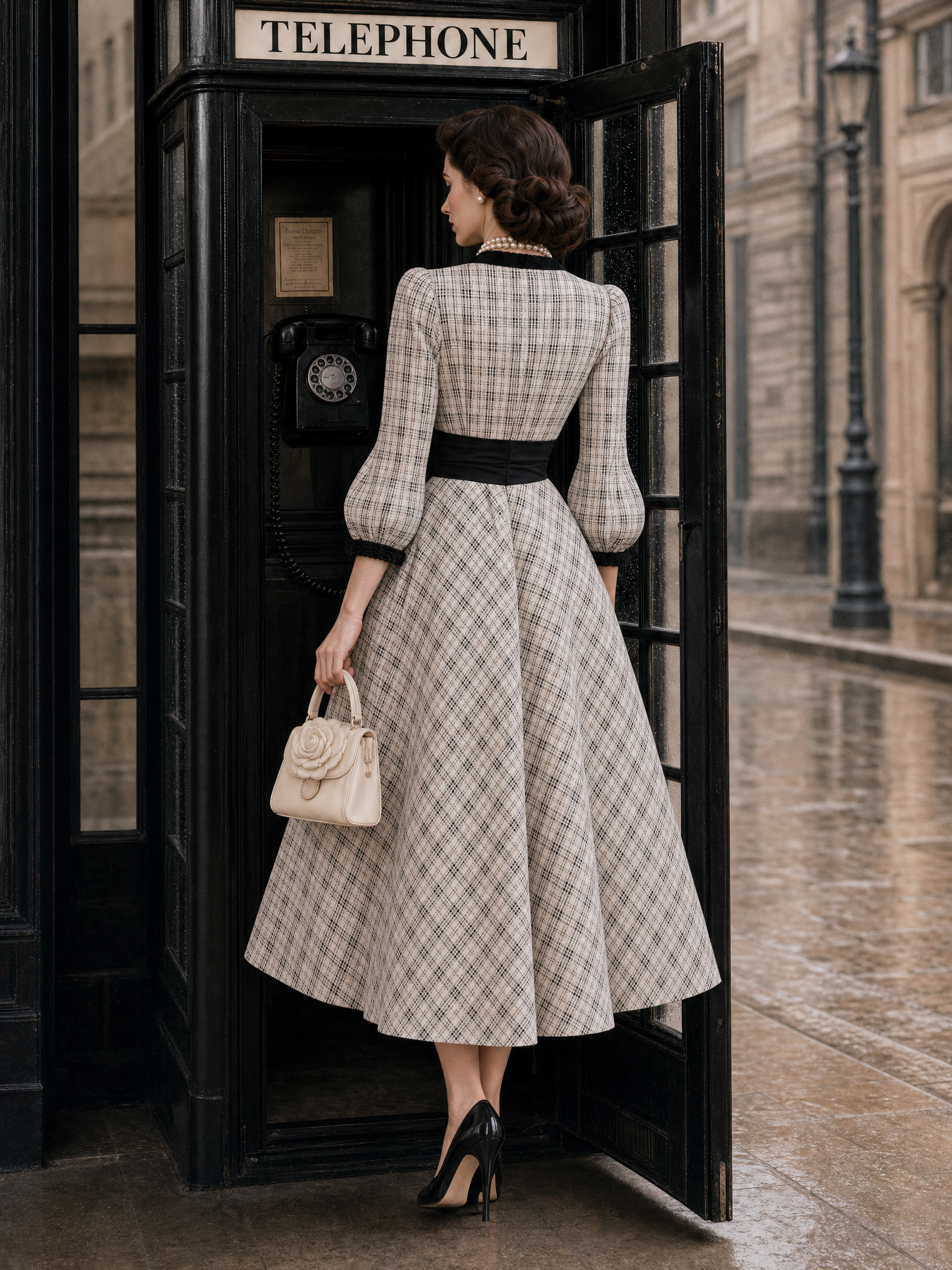 Vintage Plaid Print Contrast Color Umbrella Dress