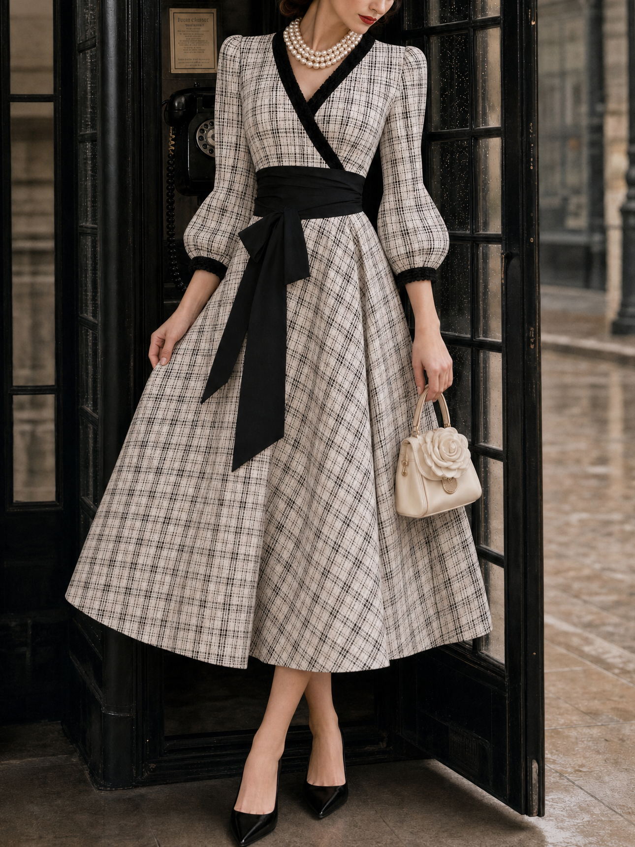 Vintage Plaid Print Contrast Color Umbrella Dress