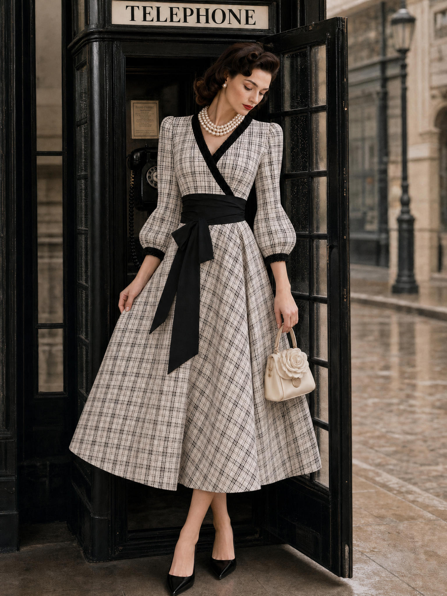 Vintage Plaid Print Contrast Color Umbrella Dress