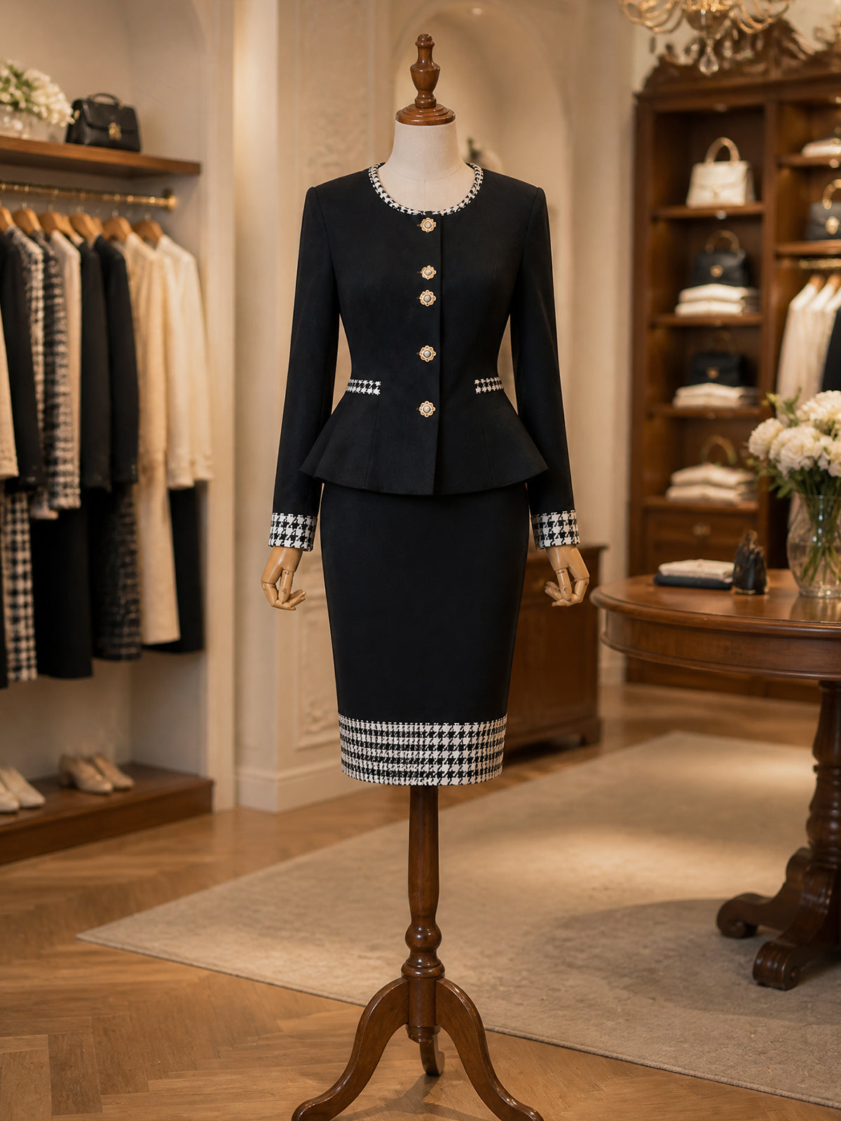 Vintage Black Houndstooth-Trim Peplum Jacket Skirt Set