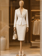 Vintage Cream Gold Checkered Print Blazer Skirt Set