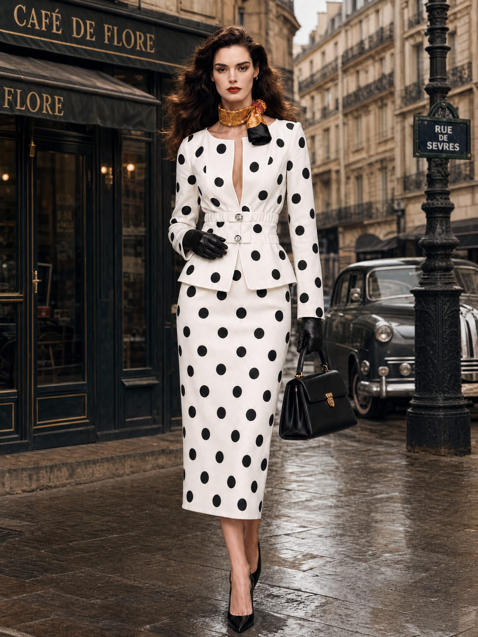 Vintage Polka Dot Print V-Neck Two-Piece Skirt Set