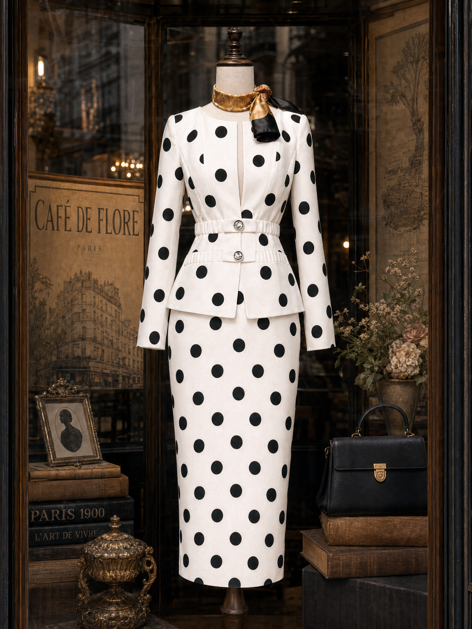 Vintage Polka Dot Print V-Neck Two-Piece Skirt Set