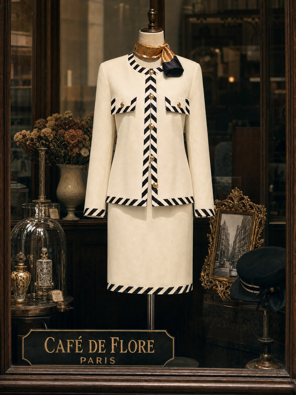 Vintage Striped Piped Trim Blazer & Skirt Two-Piece Set