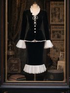 Vintage Velvet Spliced Ruffle Hem Skirt Set
