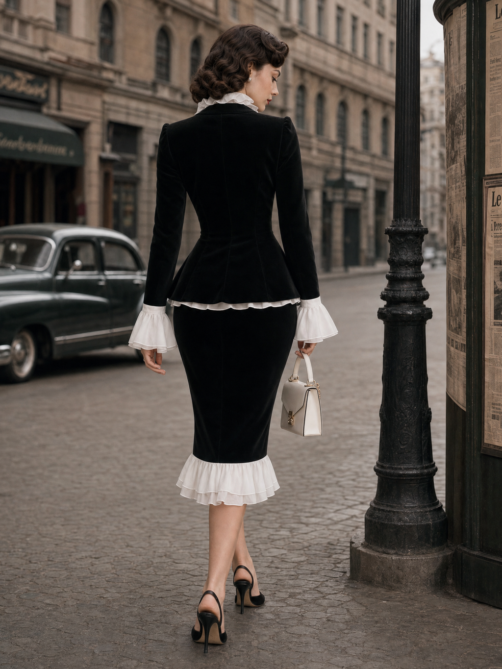 Vintage Velvet Spliced Ruffle Hem Skirt Set