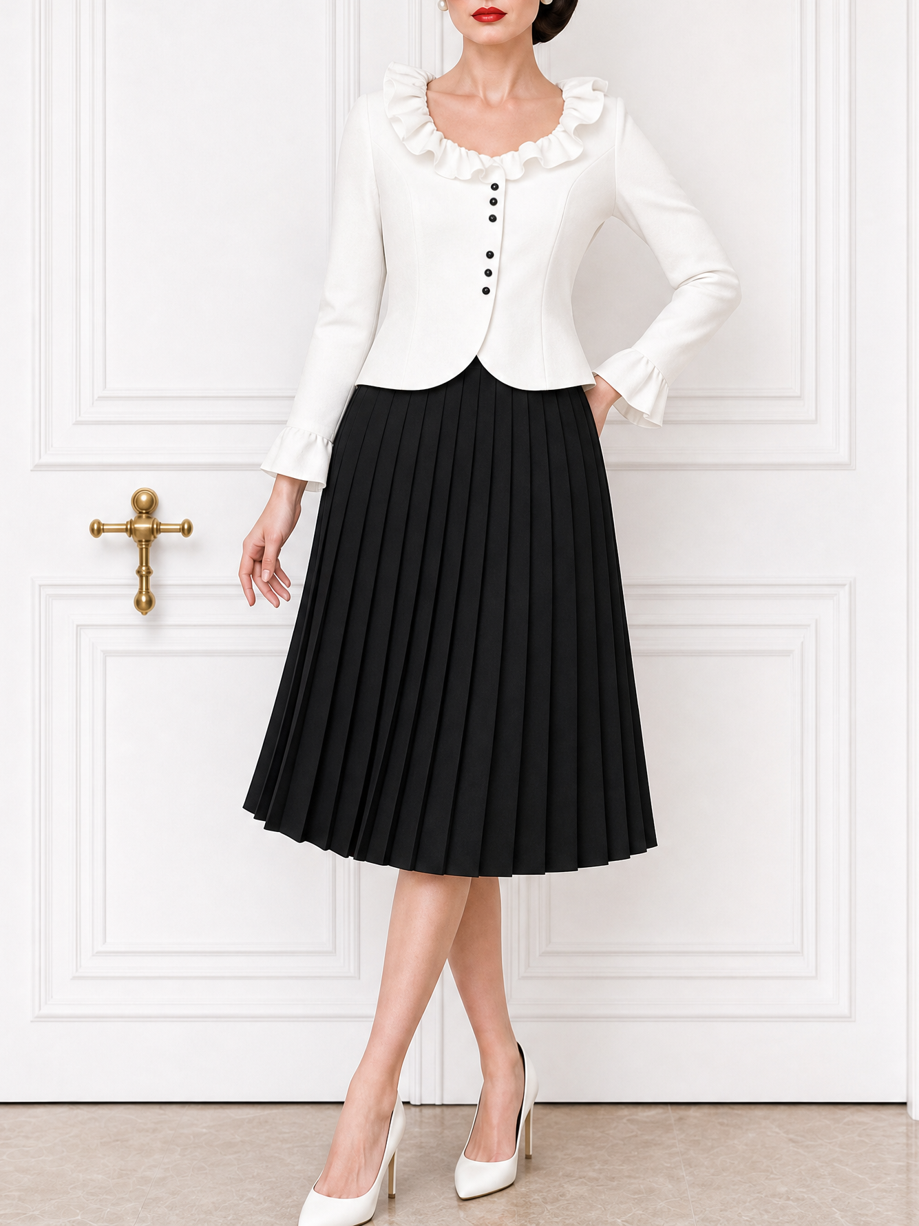 Vintage Ruffled Top & Pleated Skirt Two-Piece Set