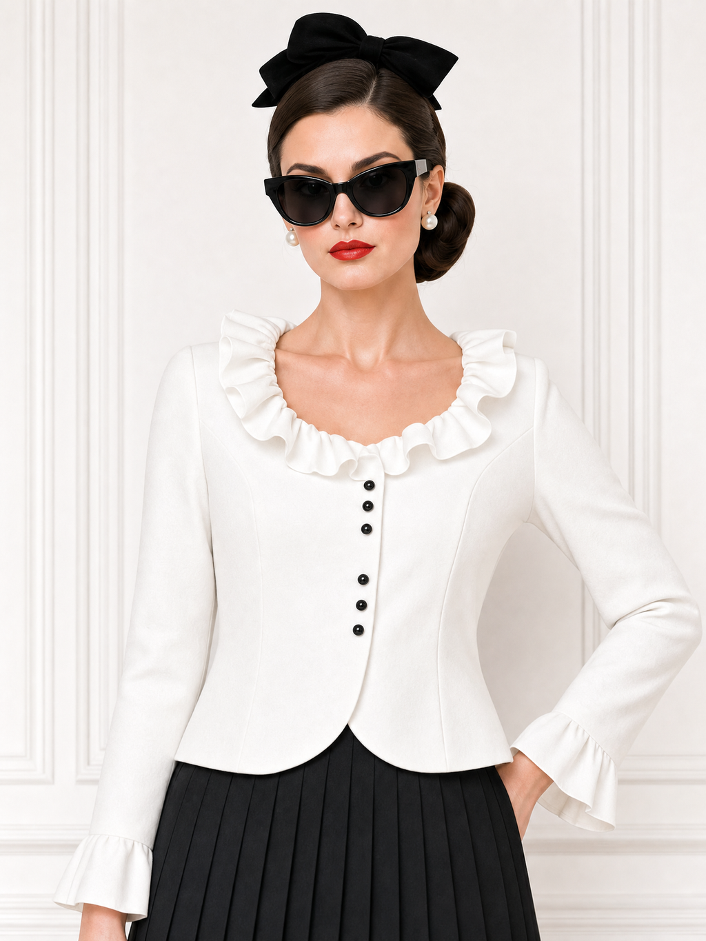 Vintage Ruffled Top & Pleated Skirt Two-Piece Set