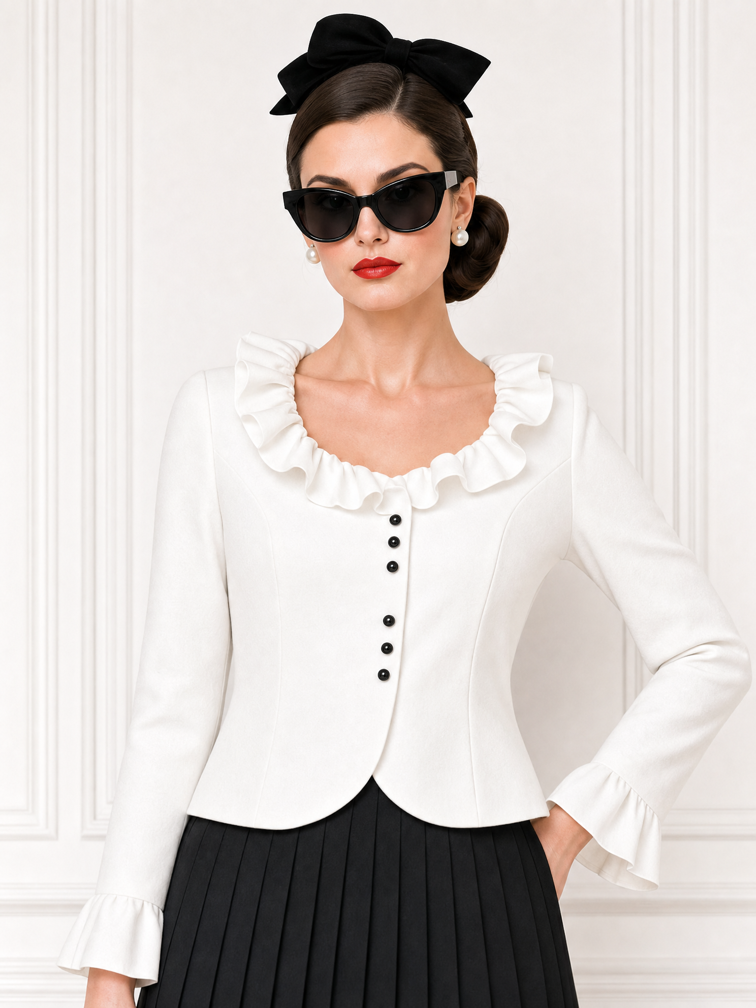 Vintage Ruffled Top & Pleated Skirt Two-Piece Set
