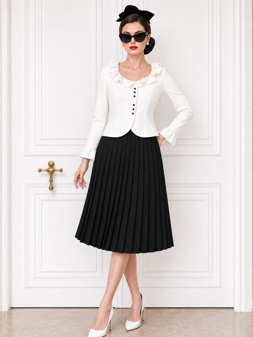 Vintage Ruffled Top & Pleated Skirt Two-Piece Set