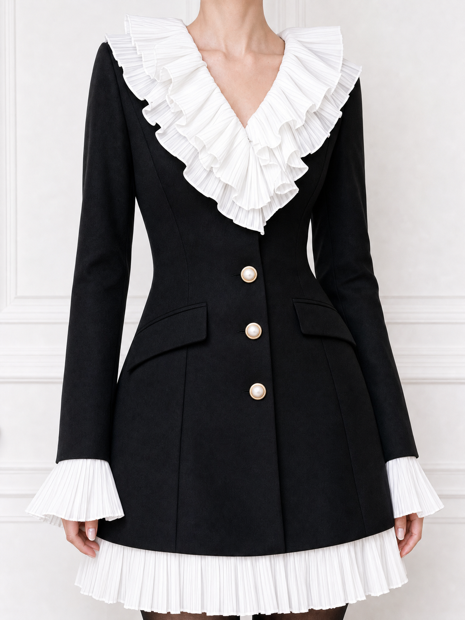 Vintage V-Neck Ruffled Contrast Color Mini Dress
