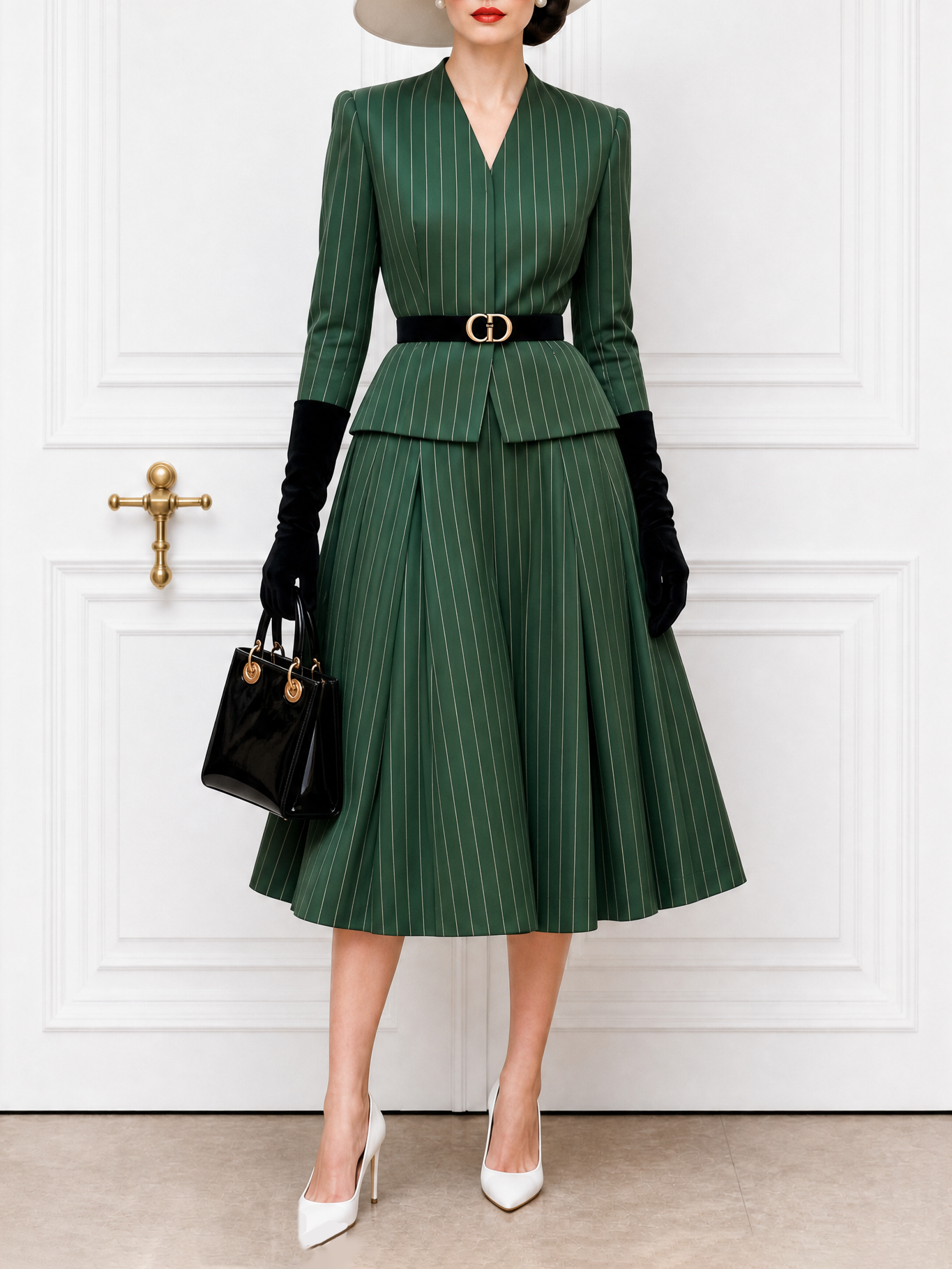 Vintage Striped V-Neck Blazer & Skirt Two-Piece Set