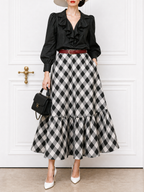 Vintage Ruffled Blouse & Plaid Skirt Two-Piece Set