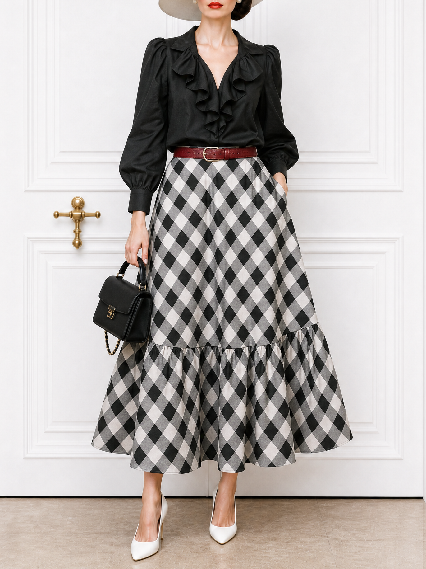 Vintage Ruffled Blouse & Plaid Skirt Two-Piece Set