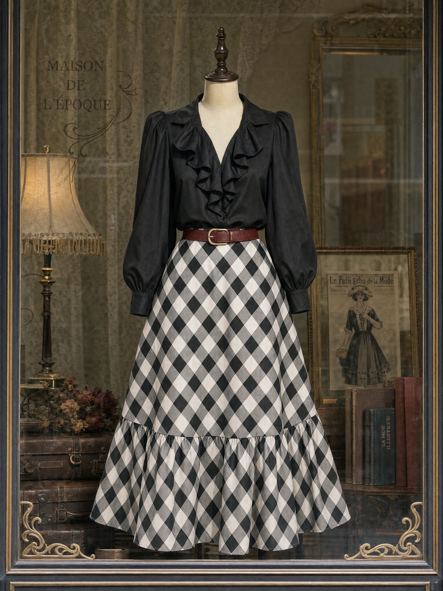 Vintage Ruffled Blouse & Plaid Skirt Two-Piece Set