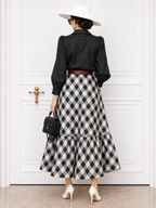 Vintage Ruffled Blouse & Plaid Skirt Two-Piece Set