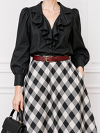 Vintage Ruffled Blouse & Plaid Skirt Two-Piece Set